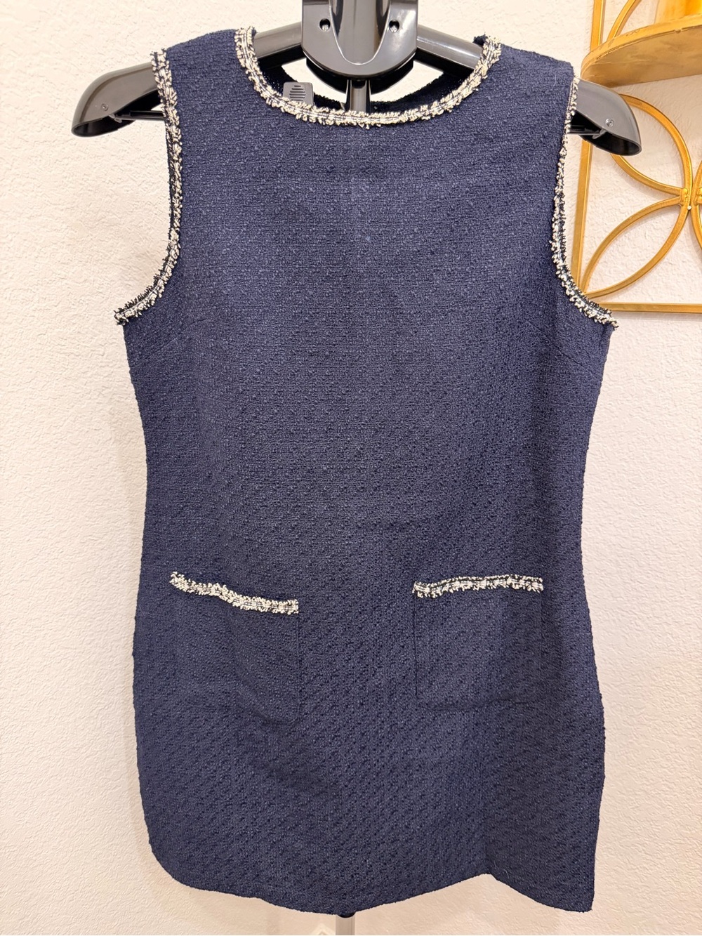 SHEIN Navy Tweed Mini Dress with Ivory-Trim Accents